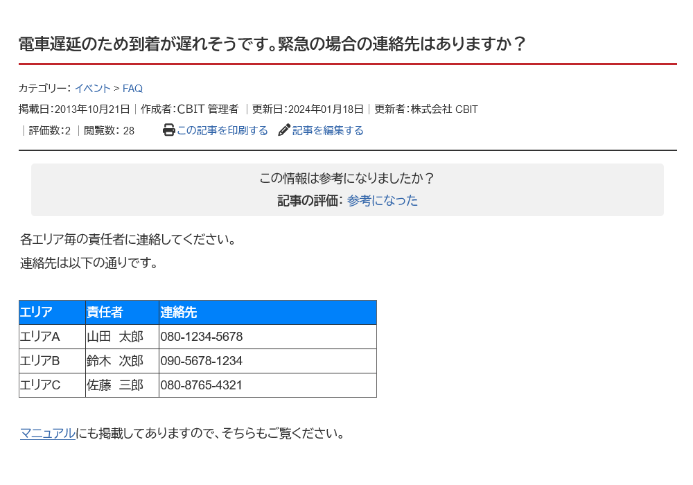 FAQとして作成した記事詳細画面